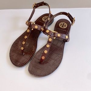 Tory Burch brown embossed leather studded t-strap sandal size 7.5